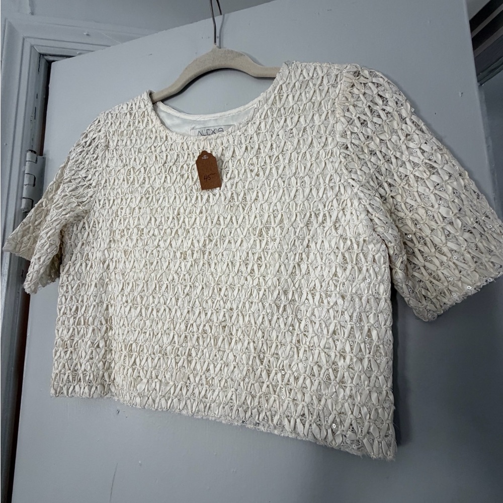 Alexis Ivory Cropped Lattice Knit and Leather Cropped Top